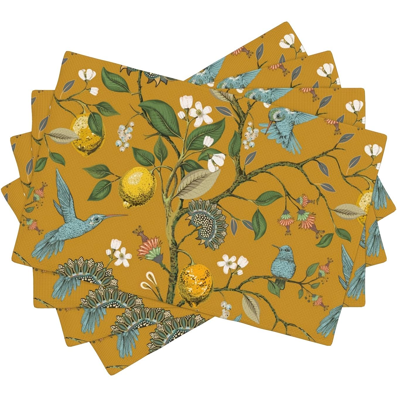 4pcs Hummingbird Floral Placemats – Yellow Lemon Tree & Birds Design, Watercolor Garden Theme,  Spring/Summer Table Decor 30x45cm-4PC