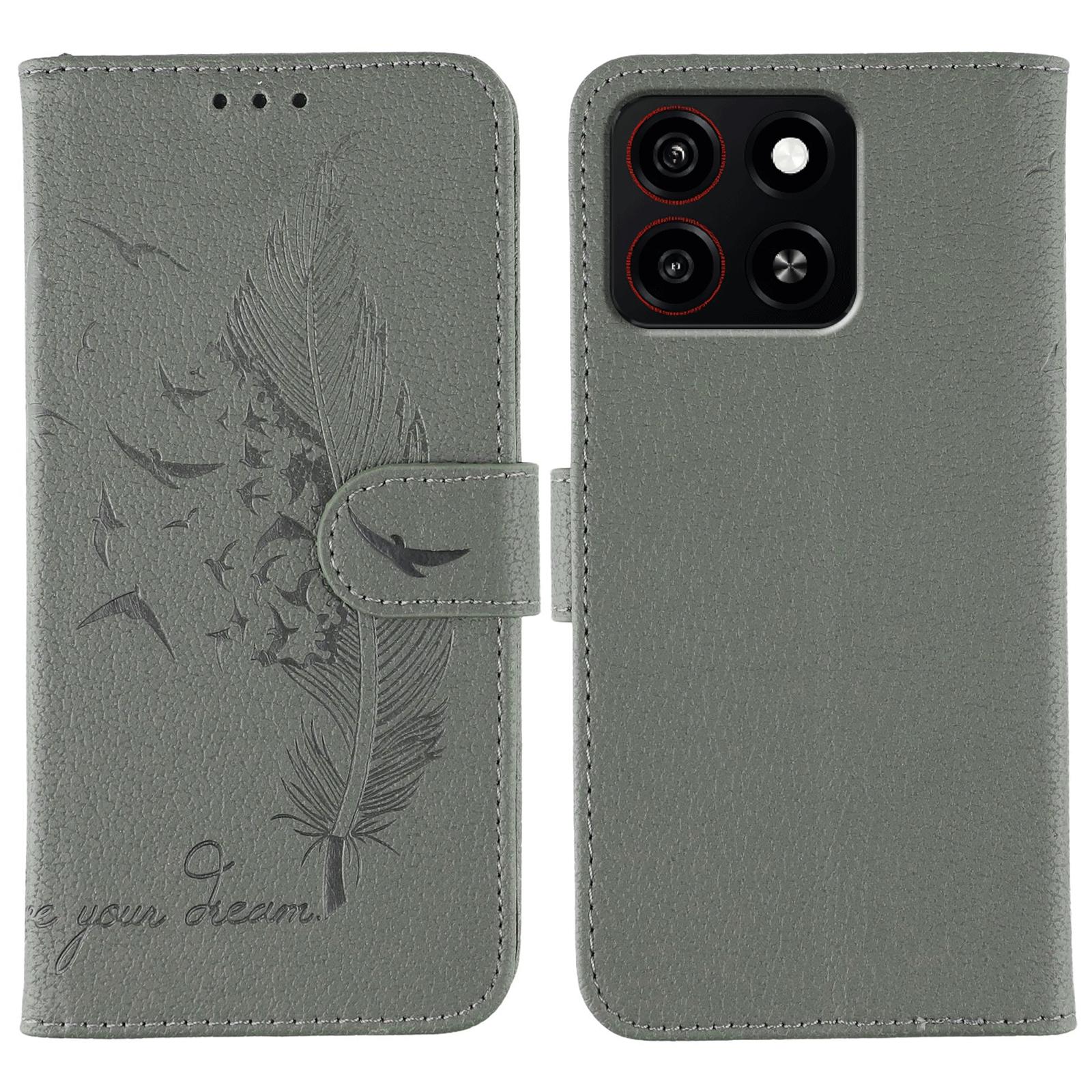 

For ZTE Blade A35 Case Feather Imprint PU Leather Wallet Phone Cover Grey