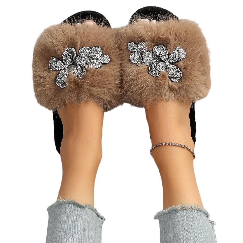 Autumn and winter new long-haired dopamine color bright diamond texture flower large size fluffy slippers