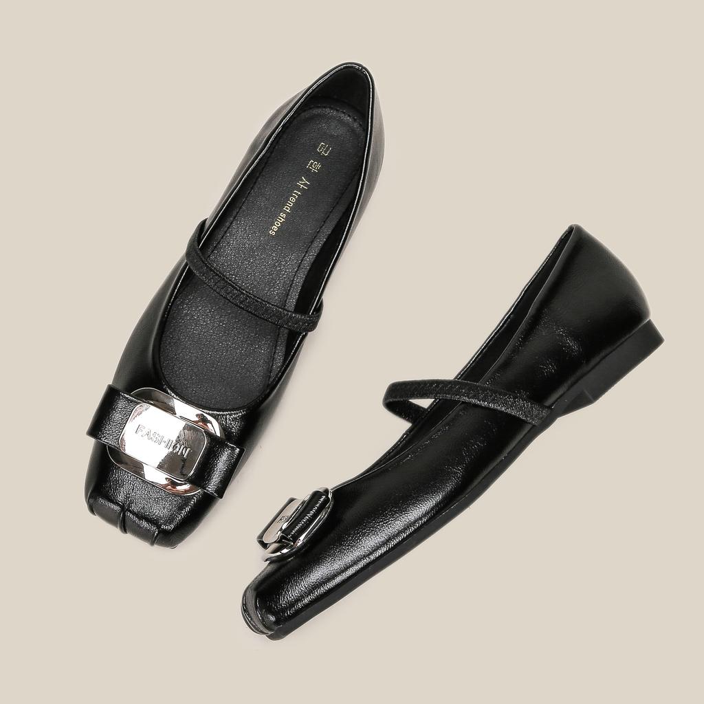 H83-5 Internet-Promi-Ballerinas mit weicher Sohle, bequeme silberne Damenschuhe mit Metallschnalle, Doudou-Schuhe Damen