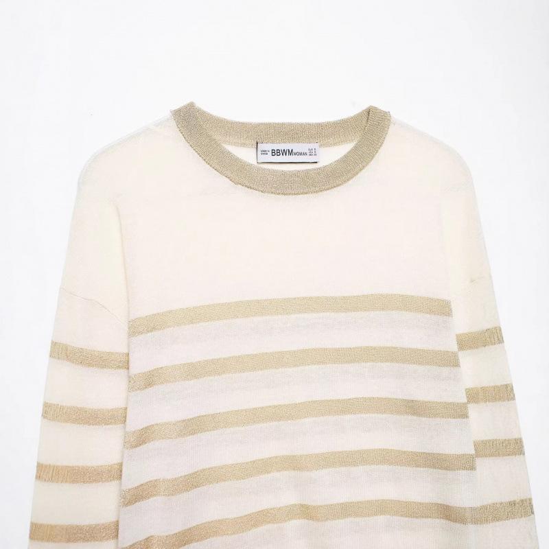 European and American style, new women's clothing, fashionable, versatile, casual metal-colored thread-woven striped knitted sweater