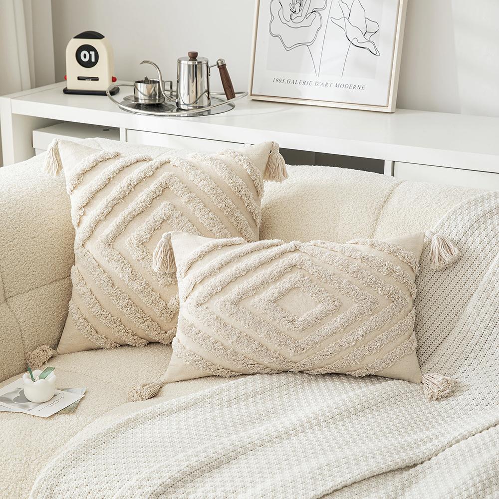 Wasabi Tufted Pillow Case Geometric Embroidered Tassel Sofa Cushion Case Bohemian Bathroom Windows Pillow Premium