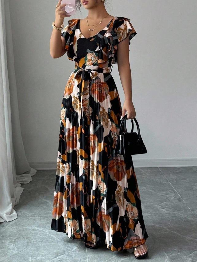 Women Vintage Floral Print Pleated Maxi Dress Ruffle V Neck Self Tie Waist Vacation Long Dress S