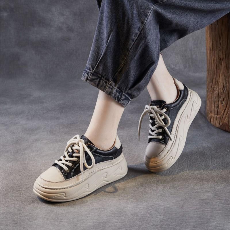 Johnature Pantofi de damă din piele naturală cu talpă groasă pentru creșterea în înălțime, pantofi albi casual confortabili cu talpă plată