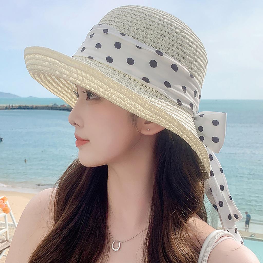 Sommer Polka Dot Band Strohhut für Damen Eleganter Gekräuselter Rand Sonnenschutz Fischerhut Damen Mädchen Strand Reise Visier Panama Hüte
