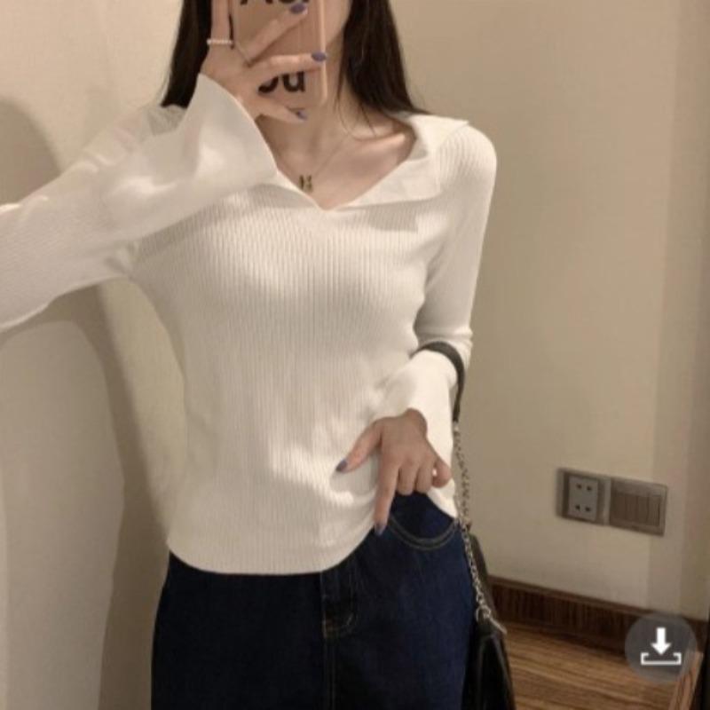 Soft waxy sweater slim and thin retro knitted sweater women's spring and autumn inner cover base new top long sleeves thin