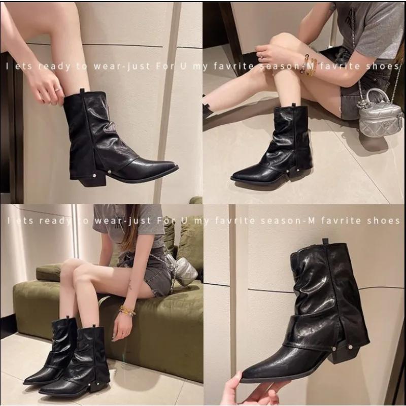 2024Brand Design Pointed Toe Square Heels  Winter High Botas Concise Office Ladies Shoes Pleated Silp-on Winter Boots