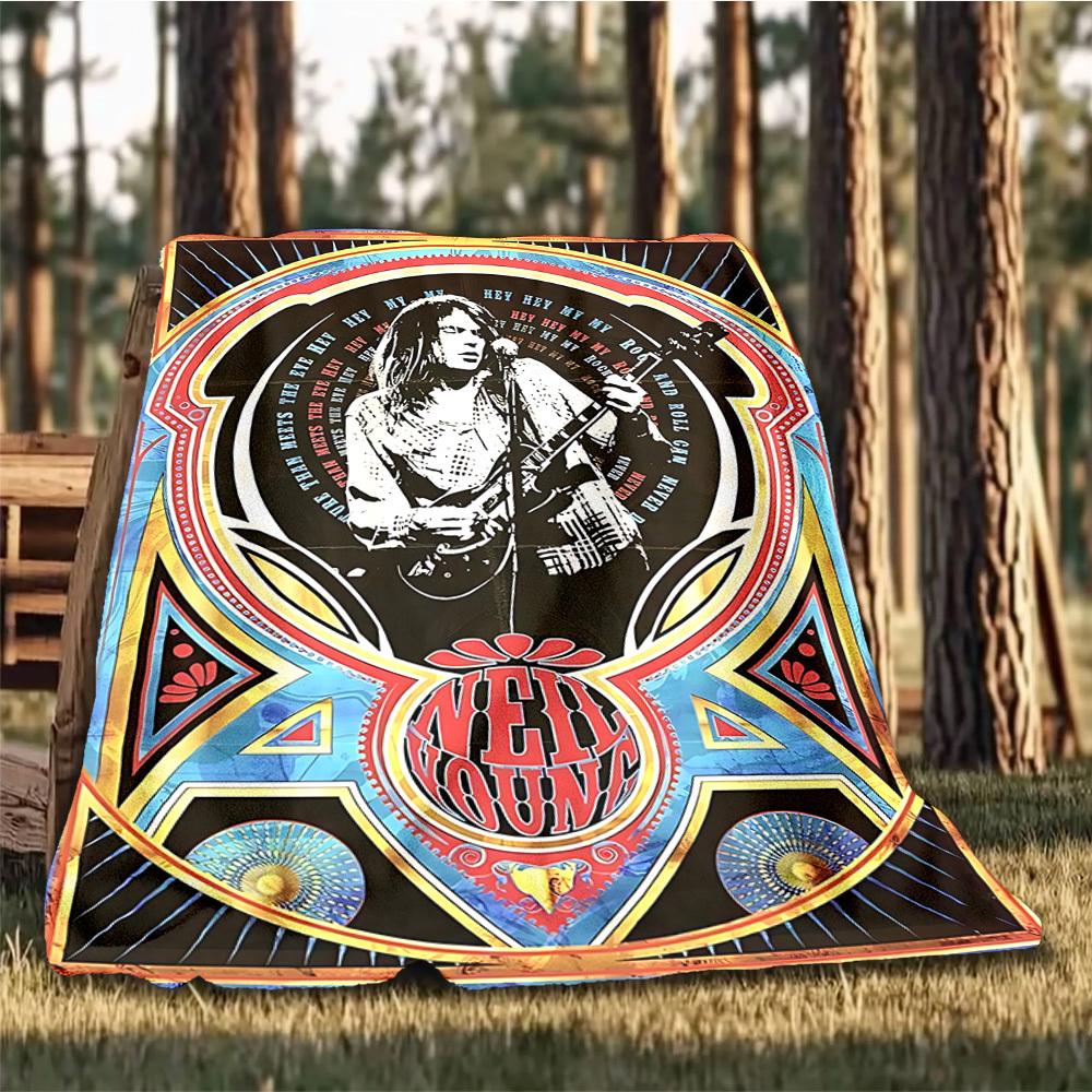1pc Neil Young Poster Outdoor Flannel Blanket, Cozy & Warm Soft Te Playful Design, Napping Camping,