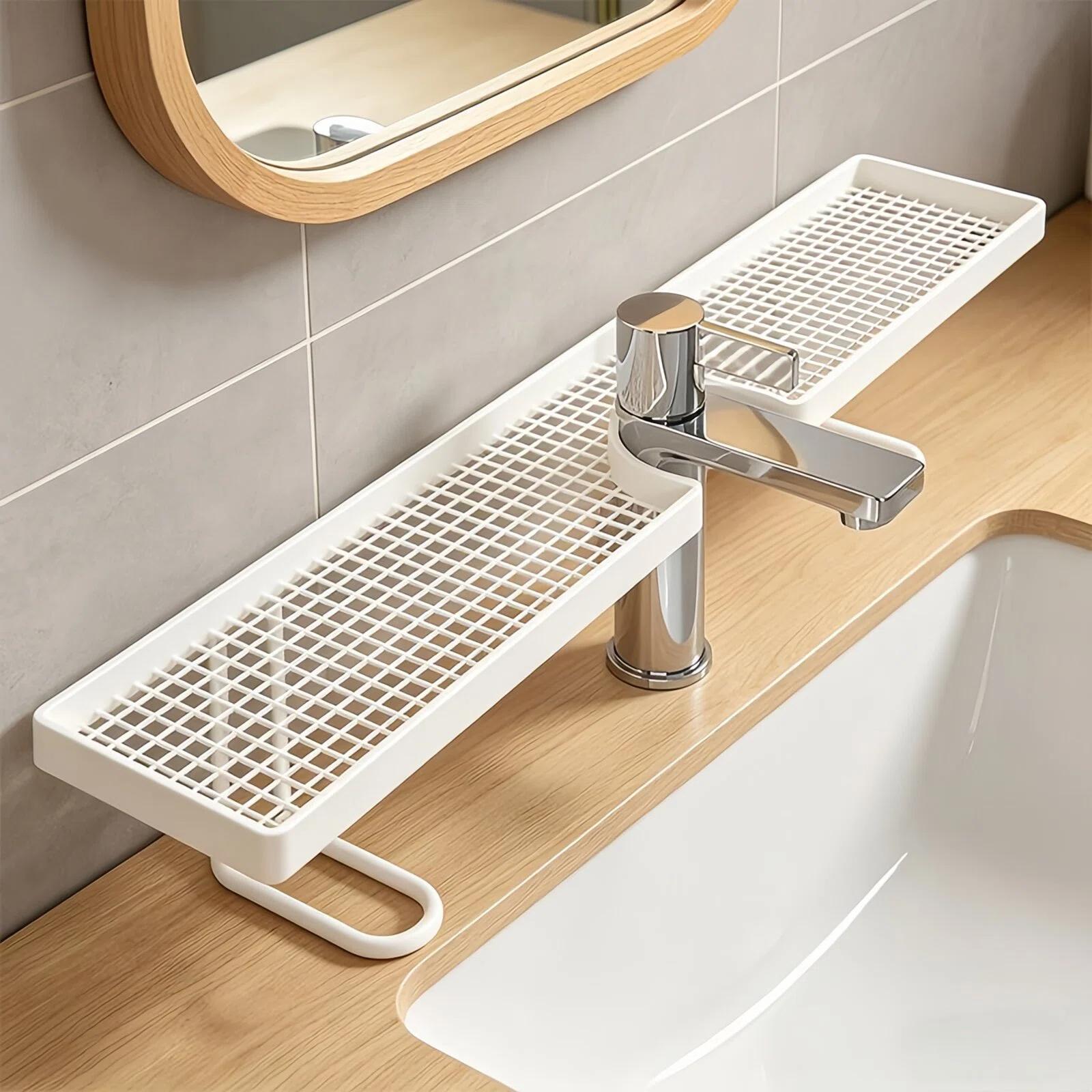 Badezimmer-Arbeitsplattenregal Ablassend Anti-Rutsch Wasserhahnregal Robust Hohlbohrungen Kein Bohren Badezimmerregal Stauraum vergrößern weiß
