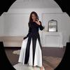 Women's Retro High Waist Color Block Evening Dress with Round Neck and Long Sleeves