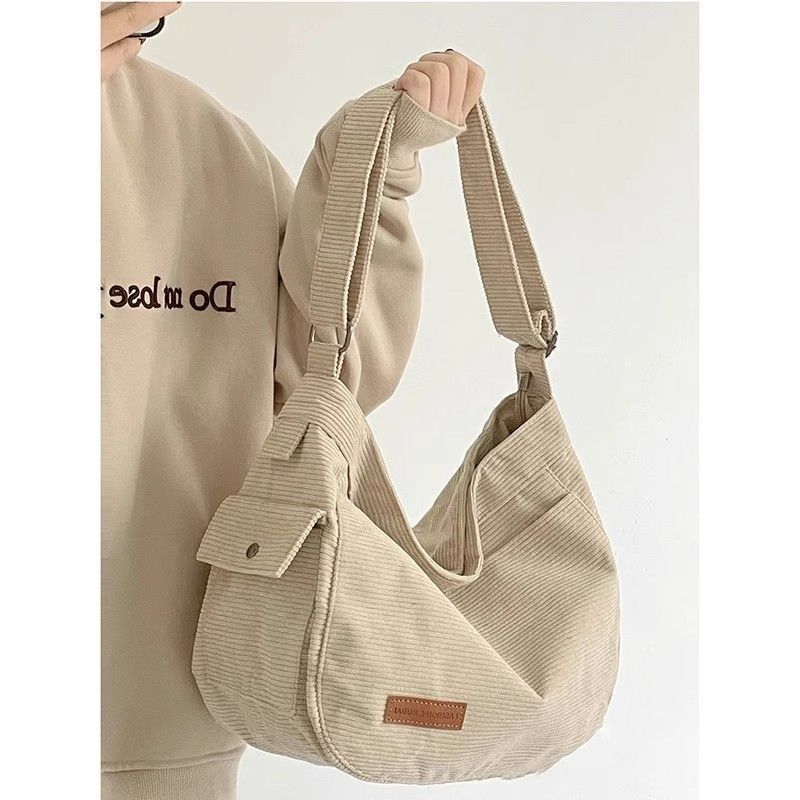 Corduroy Shoulder Bag Women Casual Crossbody Bag Half Moon Hobo Bag Soft Fabric Tote with Strap Cute Pendant