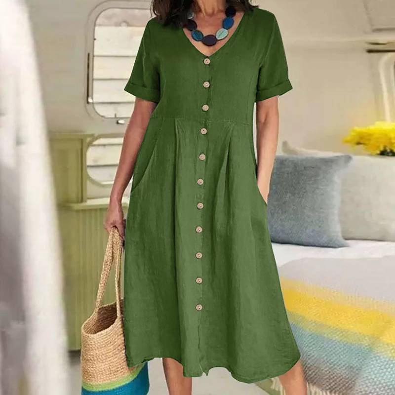 Summer Cotton Linen Dress With Pockets For Casual Streetwear Women