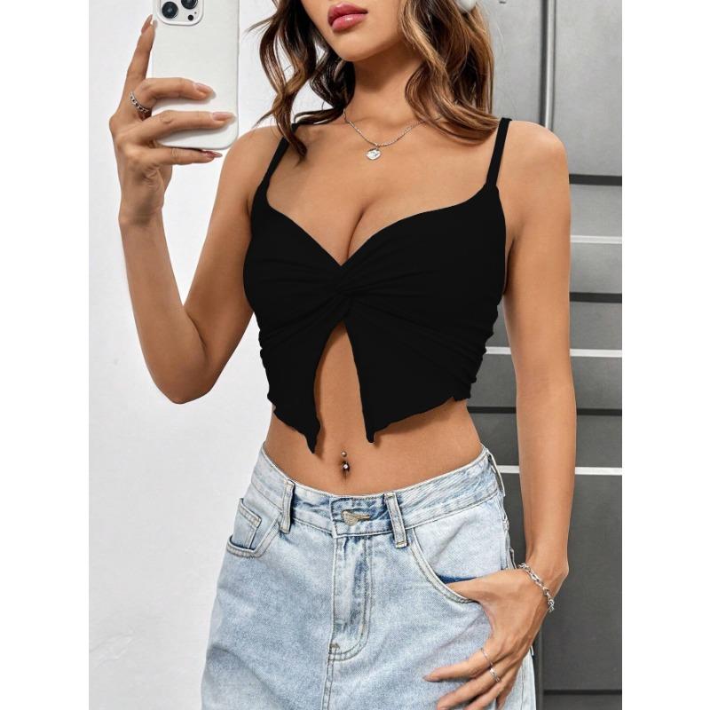 Women Sexy Slim Fit Slit Design Solid Twisted Single Strap Crop Camisole Top