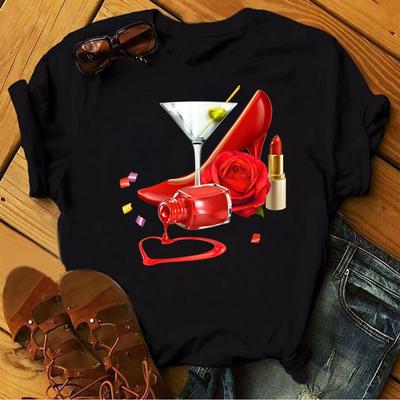 Damen Sommer T-Shirt Trend High Heels Print Retro Mode Kurzarm T-Shirts Lässig Bedruckte Oberteile