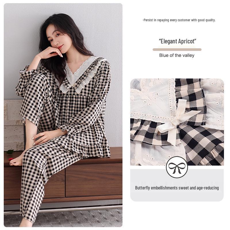 Women's Plaid Lycra Cotton Pajamas Long Sleeve High-End Set, Autumn/Winter