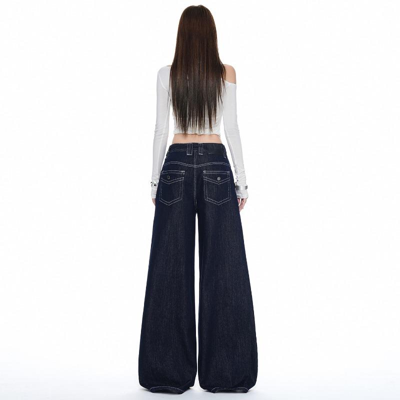 Dark blue design wide-leg jeans for women, autumn new high-waisted loose-fitting and thin floor pants