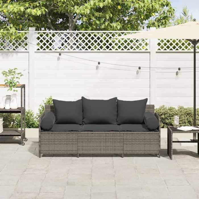 VidaXL Canapé de jardin avec coussins 3 places gris résine tressée, canapé d'extérieur, meuble de jardin, meuble de patio, 4104174