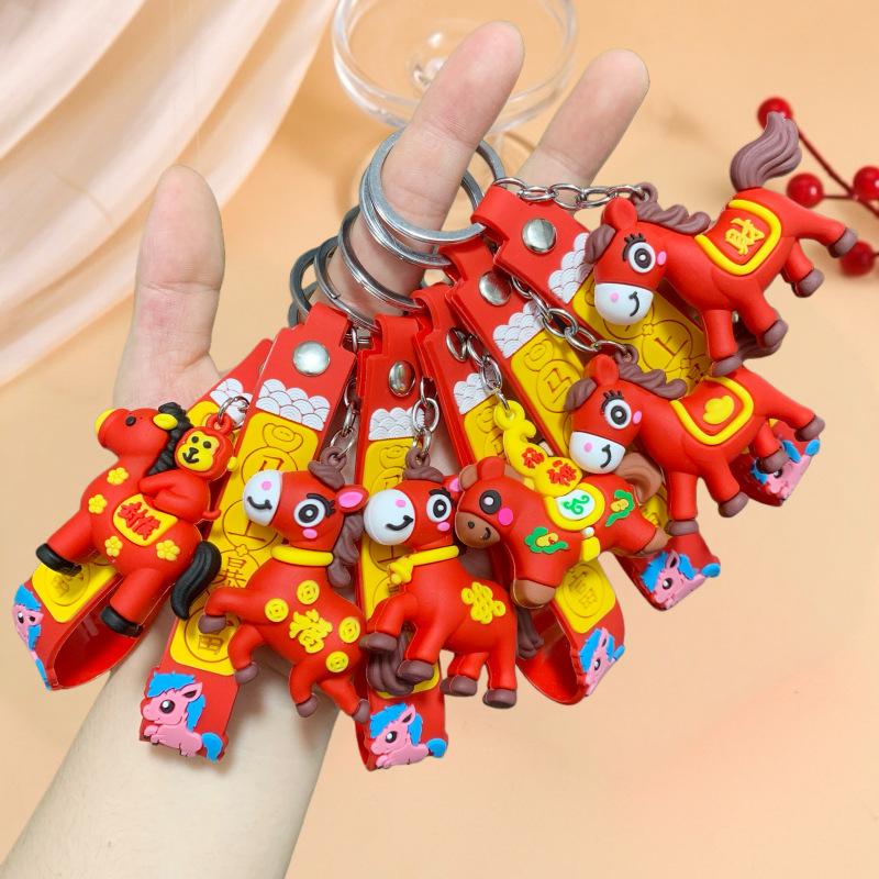 1/6Pcs Cute Cartoon Chinese Zodiac Horse Keychain Pvc Horse Pendant Lucky Charm Car Key Ring Backpack Decor  Year Gift