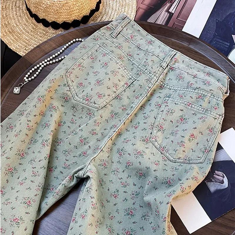 Women's Summer Retro Korean-Style Floral Print Wide-Leg Jeans: Stylish High-Waisted, Loose-Fitting, Relaxed-Fit Straight-Leg Pants