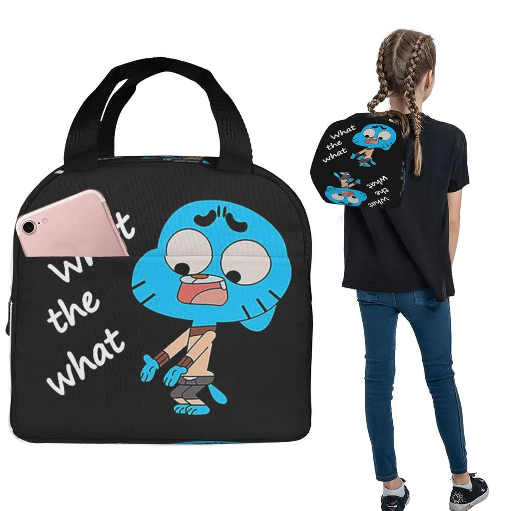 Lo Straordinario Mondo di Gumball What The What Borsa Termica per Pranzo per Donne Bambini Scatole per Cibo Portatili Pranzo al Sacco Termico Borsa Tote