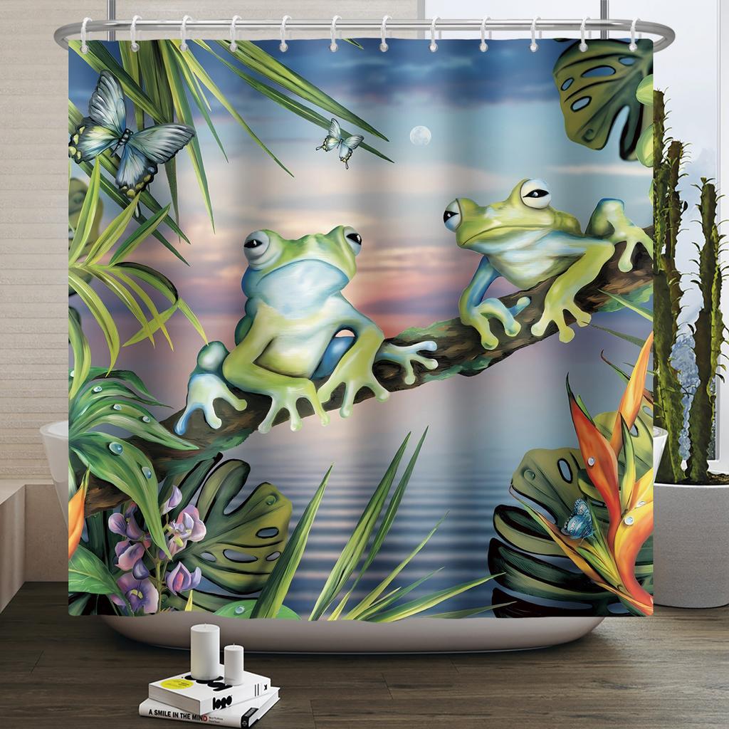 Lustiger Frosch Duschvorhang für Badezimmer Pilz Schmetterling Floral Grüne Pflanze Cartoon Tier Wasserdicht Polyester Duschvorhang