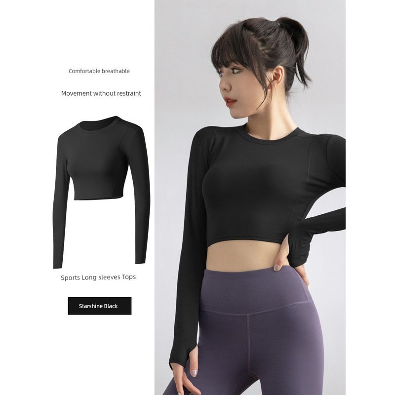 

Sports Yoga Jacket Women s Fashion Running Short Crop Top Gym Stretch Bodysuit Long Sleeves T-Shirt Yoga Clothes Starlight Black XXXL