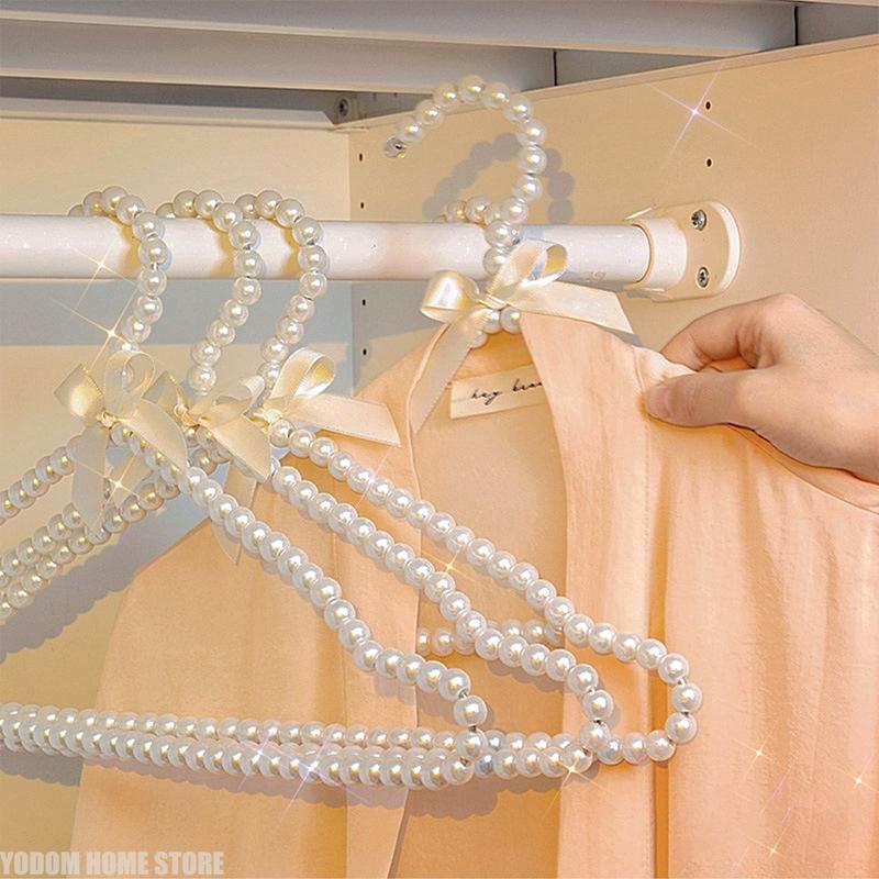 5pcs Elegant Pearl Bead Bow Hanger 40/30cm Adult Kids Clothing Organizer Wedding Dress Coat Rack Space Saving Wardrobe Storage