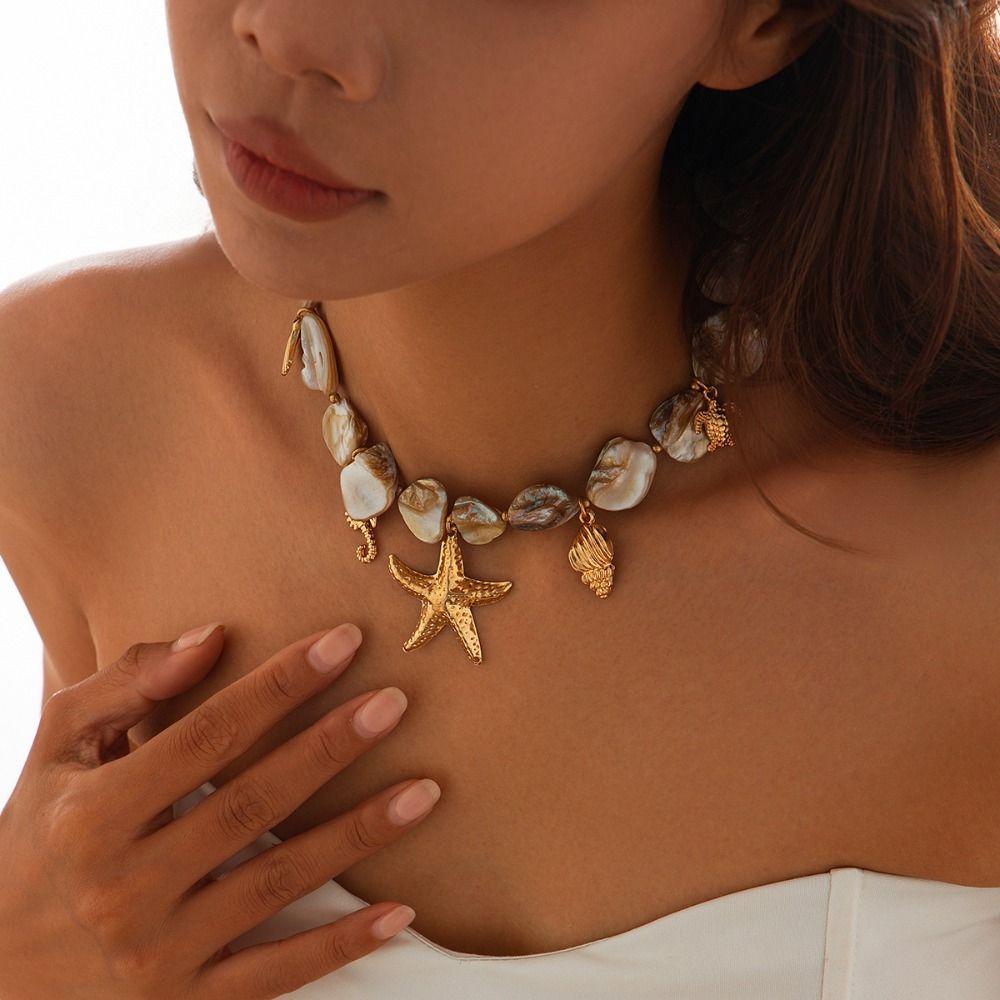 Starfish Conch Pendant Irregular Chain Necklace Bohemian Jewelry  Summer Beach Vacation
