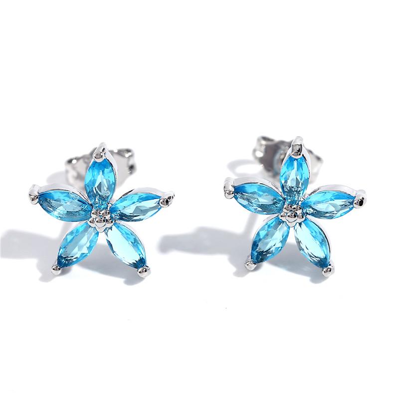 Cute Female Blue Zircon Stars Stud Earrings Multicolor Birthstone Crystal Silver Color Wedding Jewelry For Women