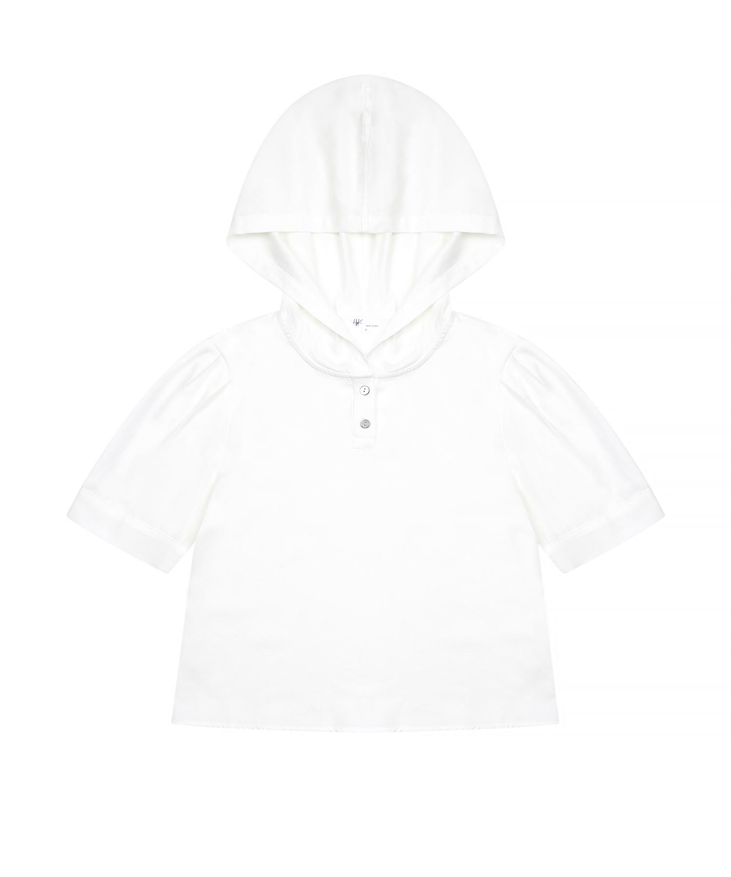 Hye Young Kim Cotton Hooded Short Sleeve Blouse-White Sky Blue