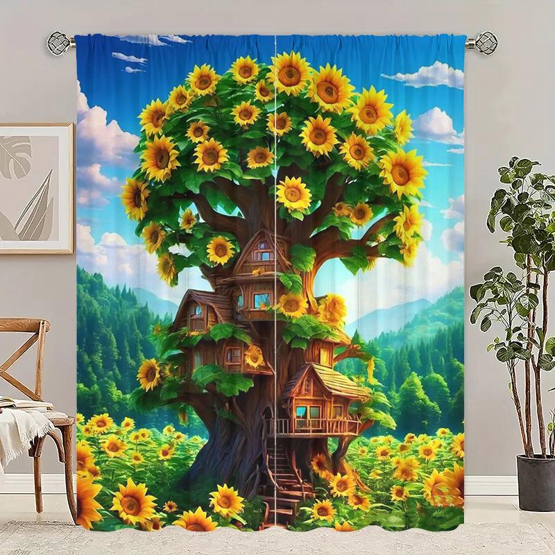

2Pcs- Sunflower House - Printed curtain -100% polyester material, suitable for bedroom curtains and living room decoration; 29Wx64L(75x166CM)x2