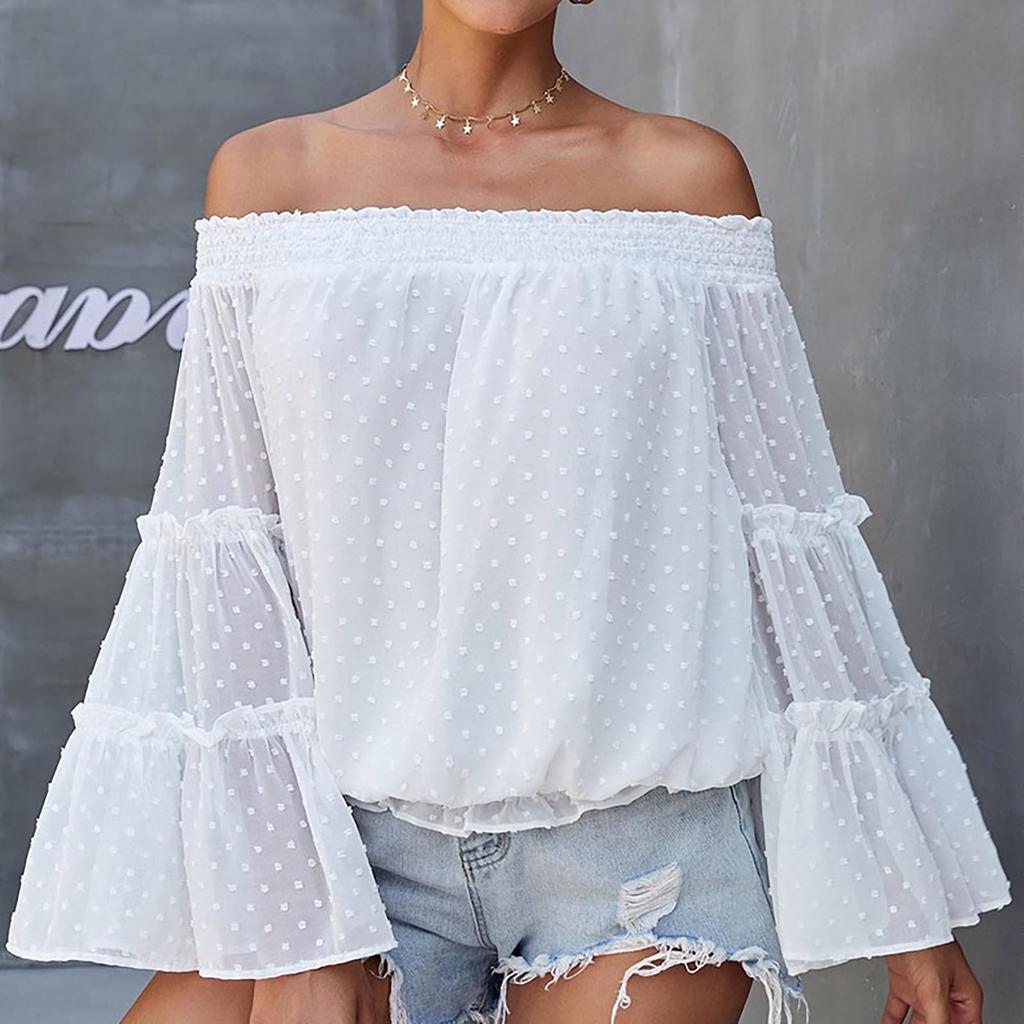 Fashion Flared Long-sleeved Chiffon Off-the-shoulder Neckline Hollow Loose Top