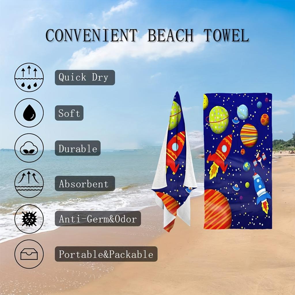 Ultra Soft Quick-Dry Beach Towel with Space Element Pattern Perfect Travel Essential for Little Boys Sand-Free Super Absorbent