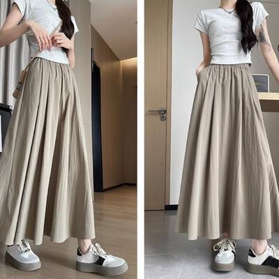 Women's Ice Silk High-Waist A-Line Maxi Skirt - Summer Flared Umbrella Silhouette with Draped Half Skirt