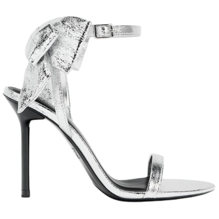 Zara Pu Open-Toe Elegant Bow Decor Metallic Layer Effect High Heels One-Strap Sandals 9.5Cm Women Sandals Silver 3324510808