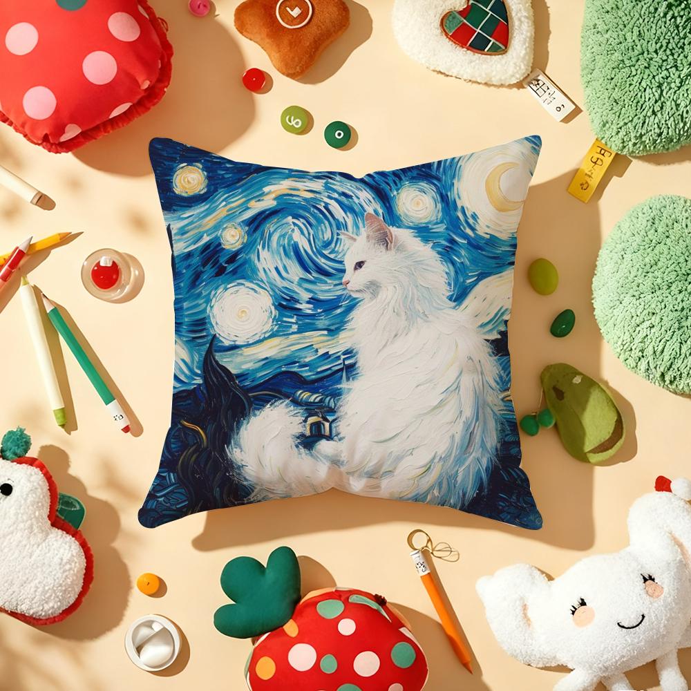 Van Gogh Starry Sky Kawaii Cat Pillow Case Plush Fabric Soft Double-Sided Printed Sofa Warm Winter Home Gift Cushion Cover