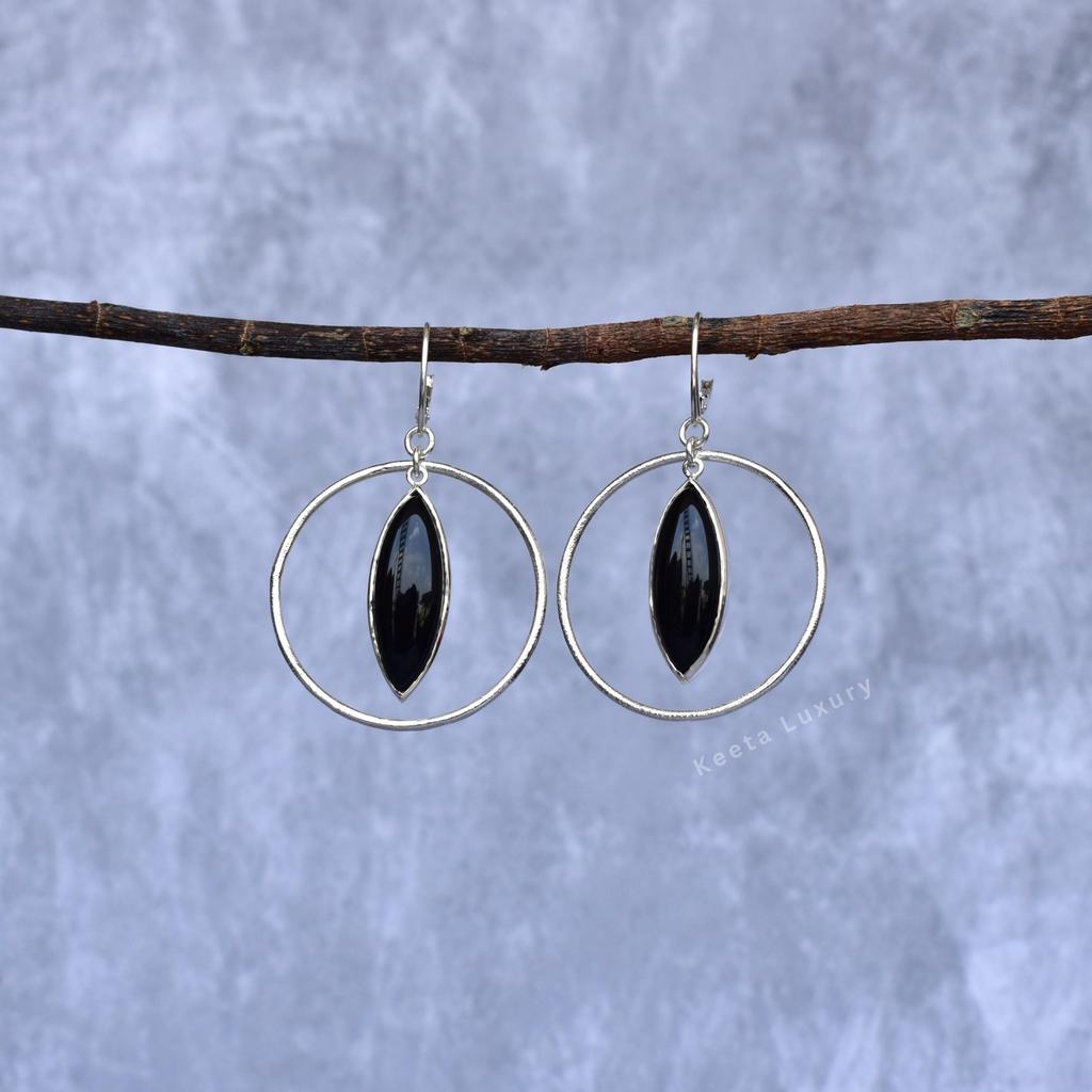 Genuine Black Onyx Hoop Earrings, Sterling Silver Stylish Dangler for Women, Healing Crystal Earrings, Unique Fashion Jewelry Gifts Ideas