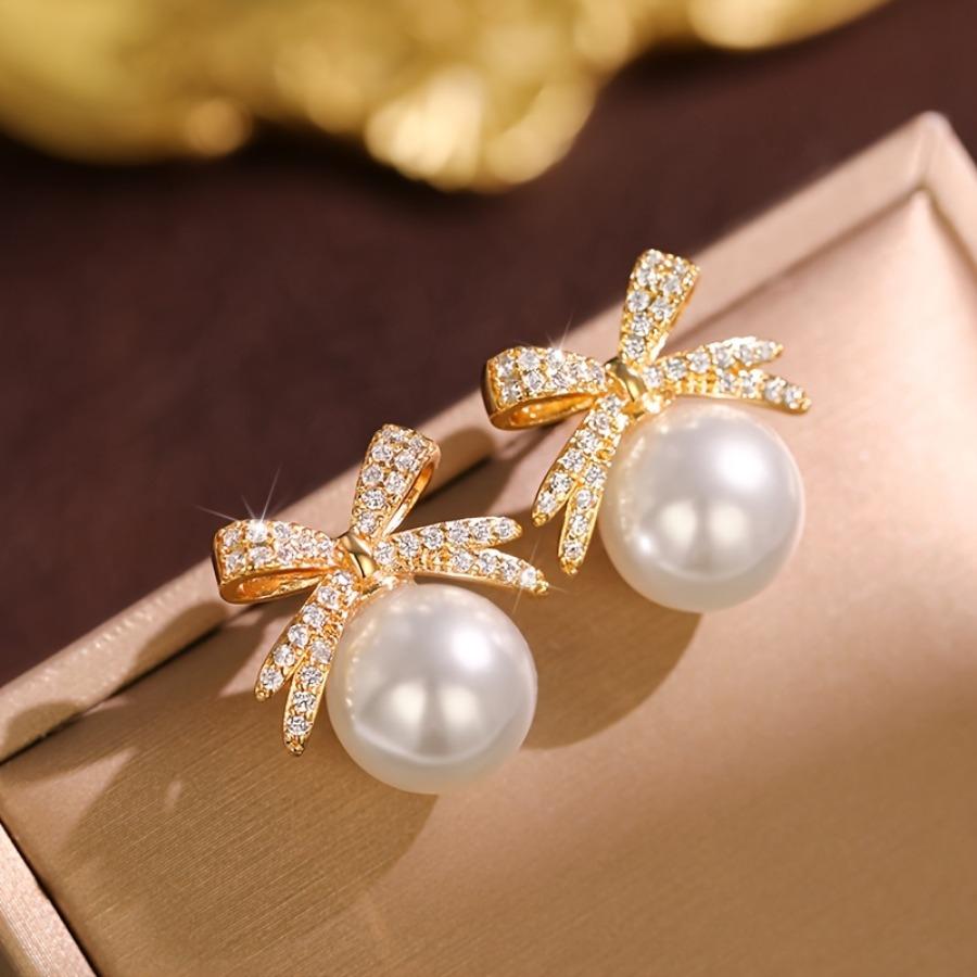Chic And Shiny Faux Pearl Bow Earrings for Women - Luxury Jewelry for Weddings, Parties, Everyday Outings, Vacations, Valentine's Day, Anniversaries