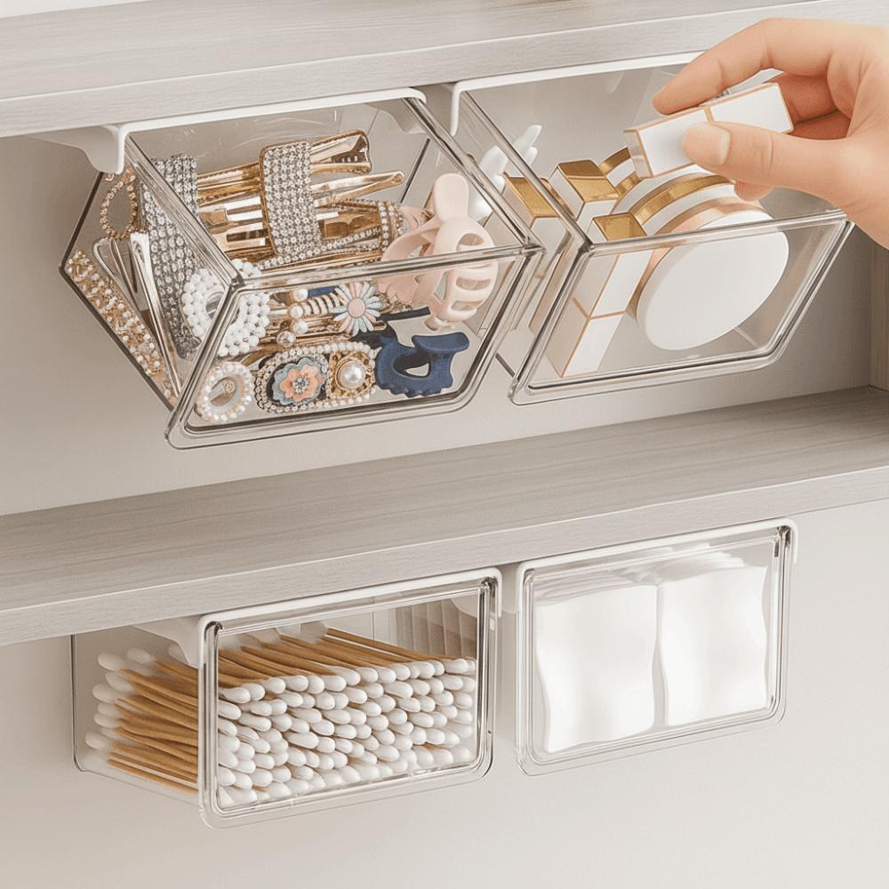 Plastic Drawer Style Storage Box Self Adhesive Large Capacity Under Desk Drawer Organizer Transparent Space Saving