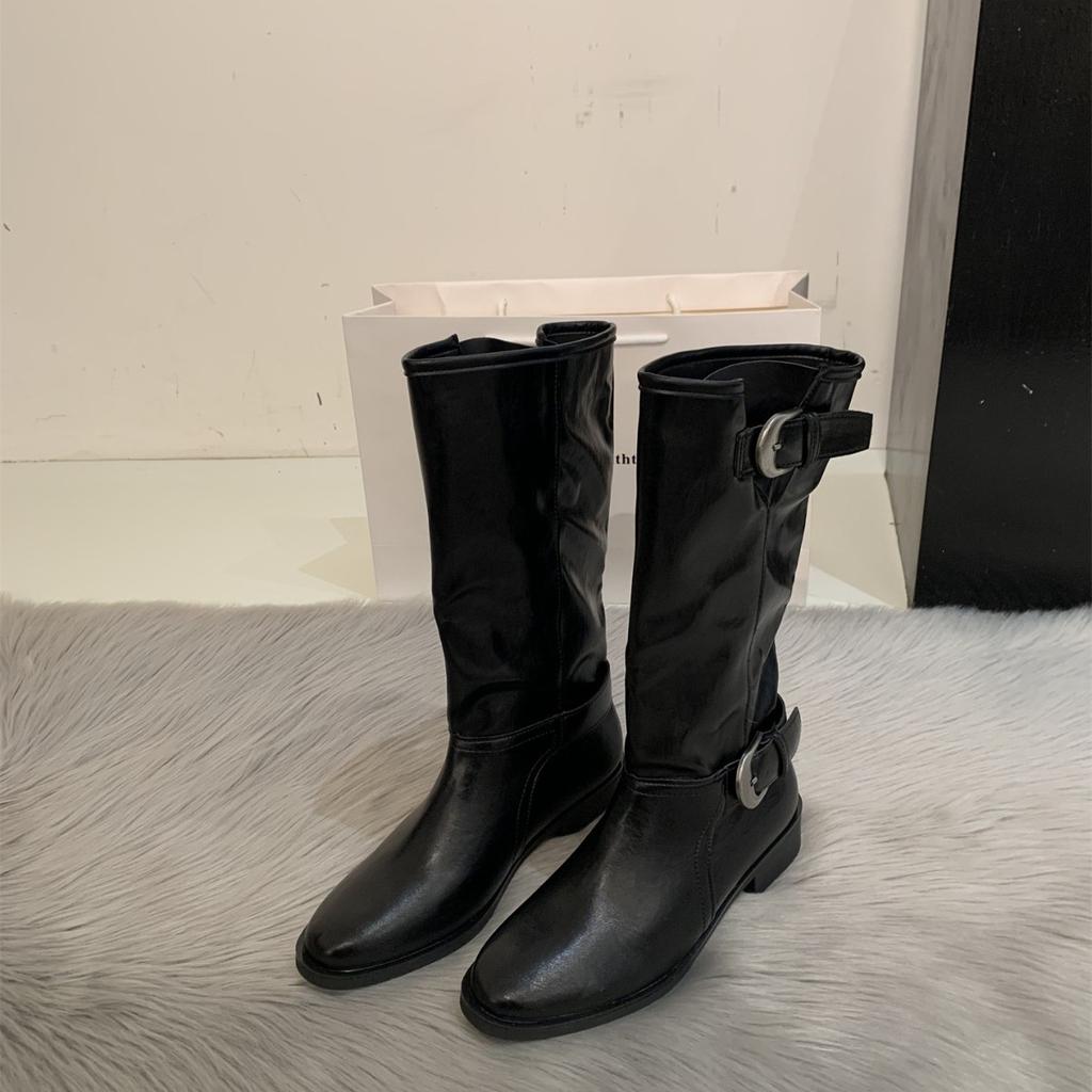 Autumn and winter new retro metal buckle matte stacking boots thick heel round head medium tube boots handmade boots