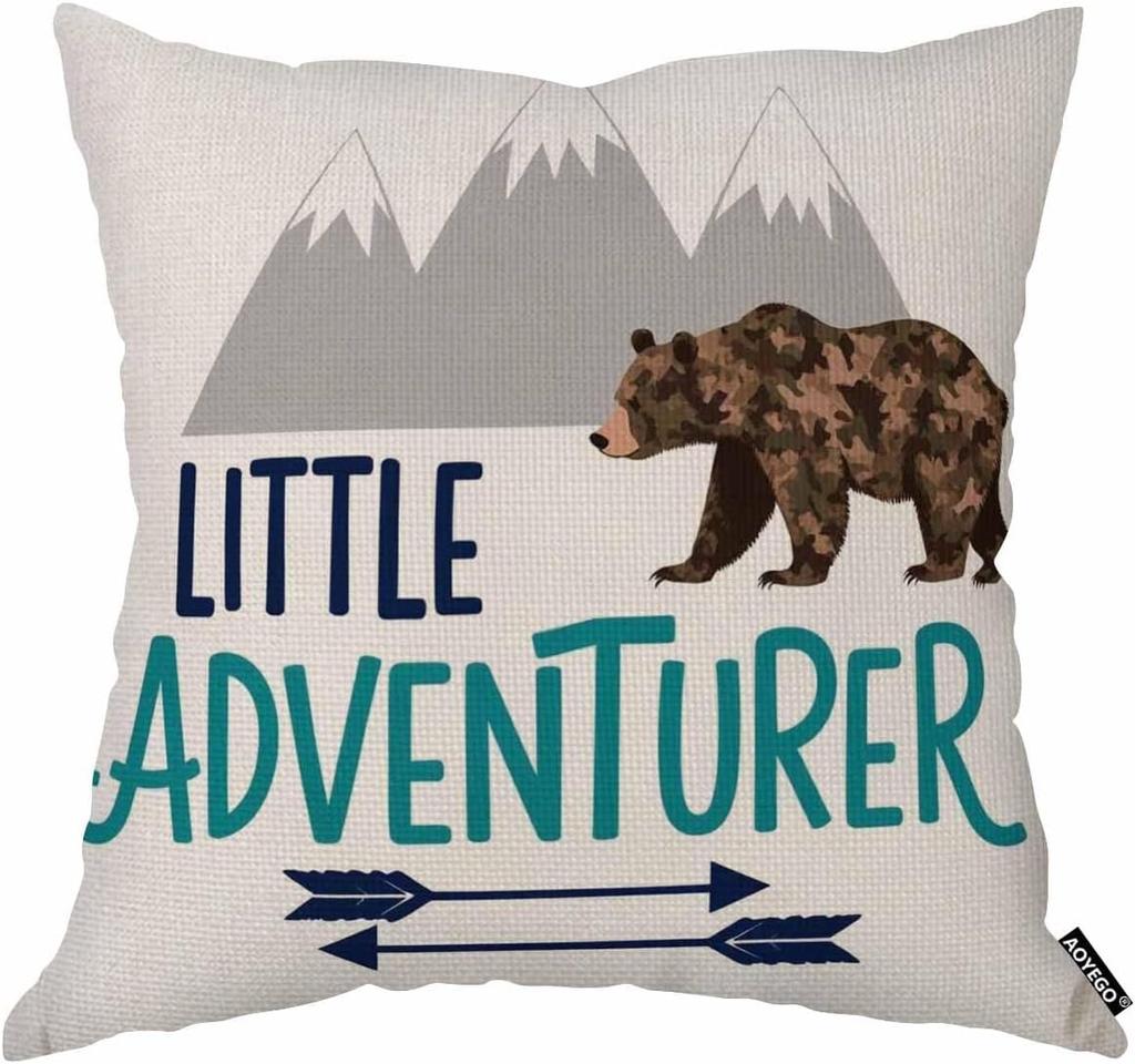 Little Adventurer Pillow Cover Bear Mountain Cushion Case Kids Room Nursery Decor Outdoor Theme Gift