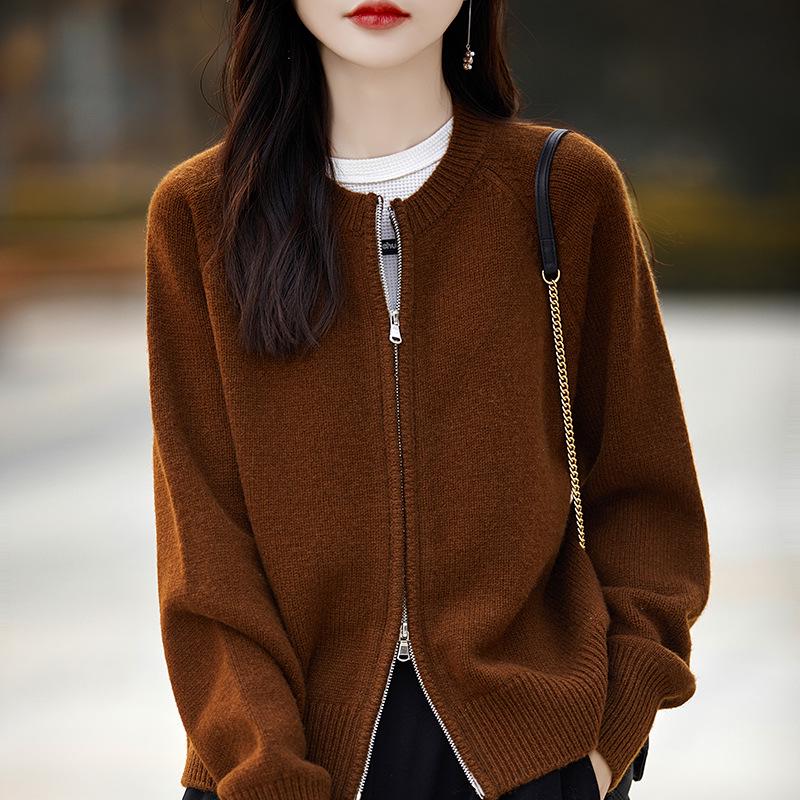 Women's 100% Wool Round Neck Knit Cardigan - Double Zipper, Solid Color, Loose Fit, Casual Fashion, Short Length
