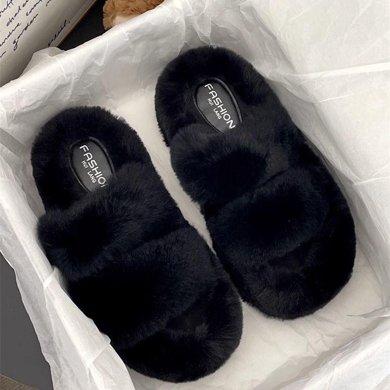 

Thickened cute wind fluffy slippers female 2025 autumn and winter Internet celebrity muffin thick bottom outer wear warm cotton slippers 35