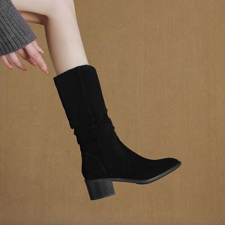 2025 Ретро Матовые Сапоги Миди со Сборками - Стиль Вестерн Ковбой 35 4400₽