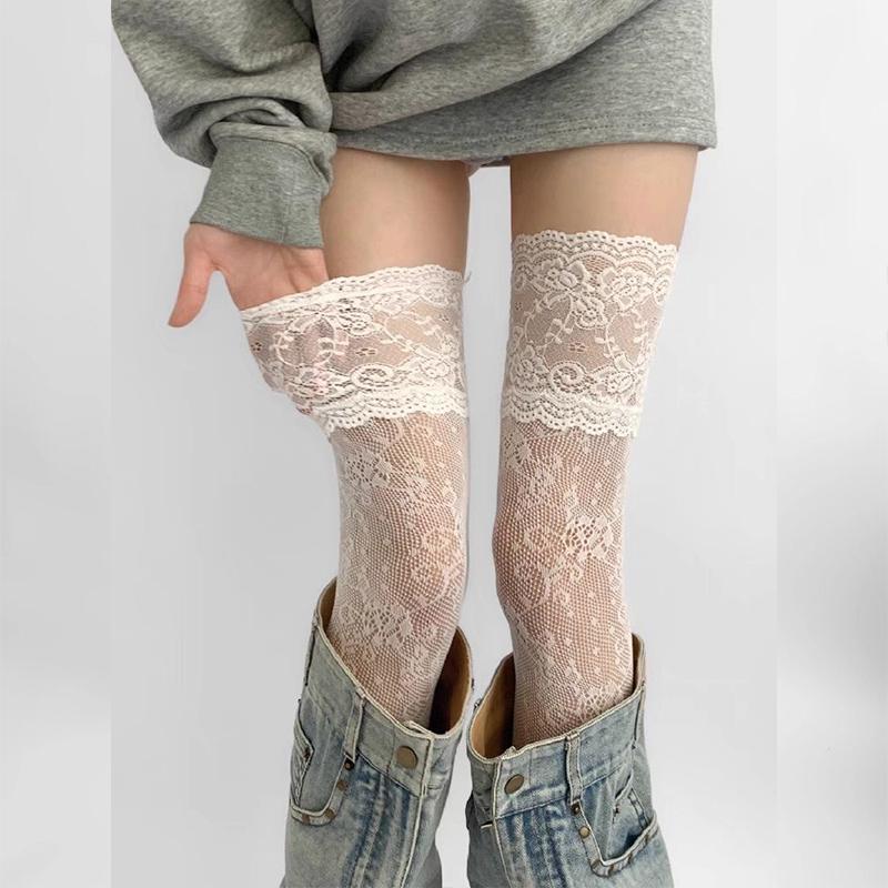 Lace Sexy Hollow Out Ultra Thin Japanese JK Long Socks White Over The Knee Stockings Sweet Japanese Lace Socks