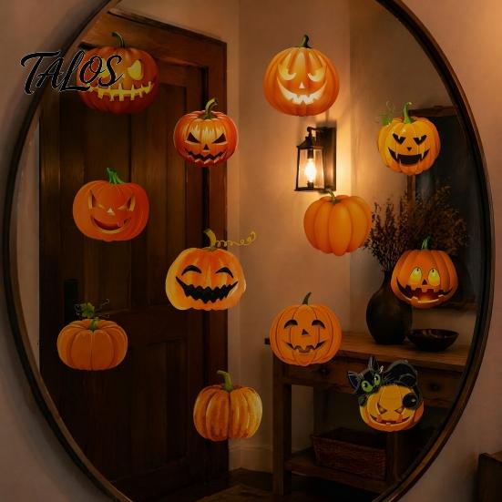 Decorative Jack O' Lantern Wall Art 3 Sheets Halloween Ghost Face Pumpkin Sticker, Cute Black Cat PVC Window Decals for Parties Decals, Waterproof