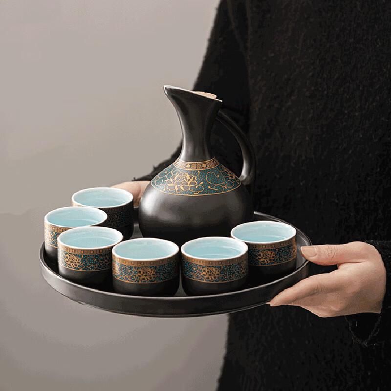 Traditional Chinese Ceramic Wine Warmer Set One Pot, Six Cups, One Tray