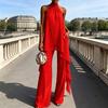 Women's Chiffon 2 Piece Sets, Asymmetrical Halter Sleeveless Tops with Wide Leg Pants Summer Outfits, Casual Vacation Lounge Matching Set