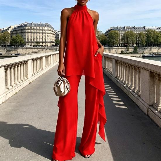 Women's Chiffon 2 Piece Sets, Asymmetrical Halter Sleeveless Tops with Wide Leg Pants Summer Outfits, Casual Vacation Lounge Matching Set