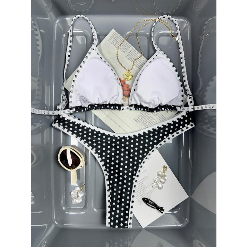 Set Bikini a Triangolo con Stampa Donna Leopardato Pois Stampa Frutta Bordi a Contrasto Laccetti Laterali Sexy Sfacciato Costume da Bagno Estivo da Spiaggia